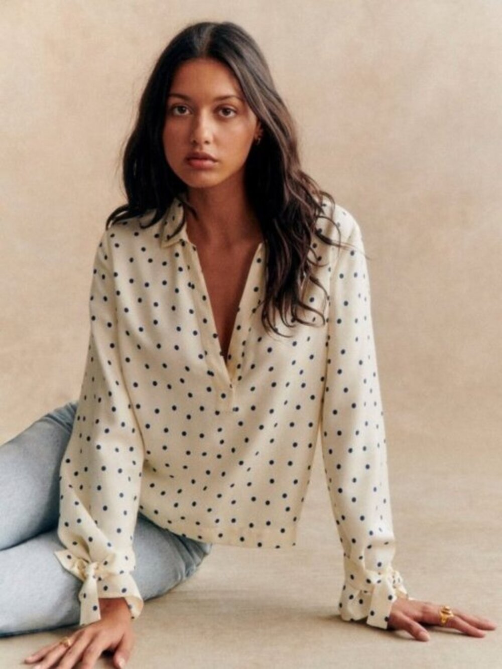 New Sezane Addison Viscose Silk Polka Dot Blouse Ecru Navy 34, 2, XS